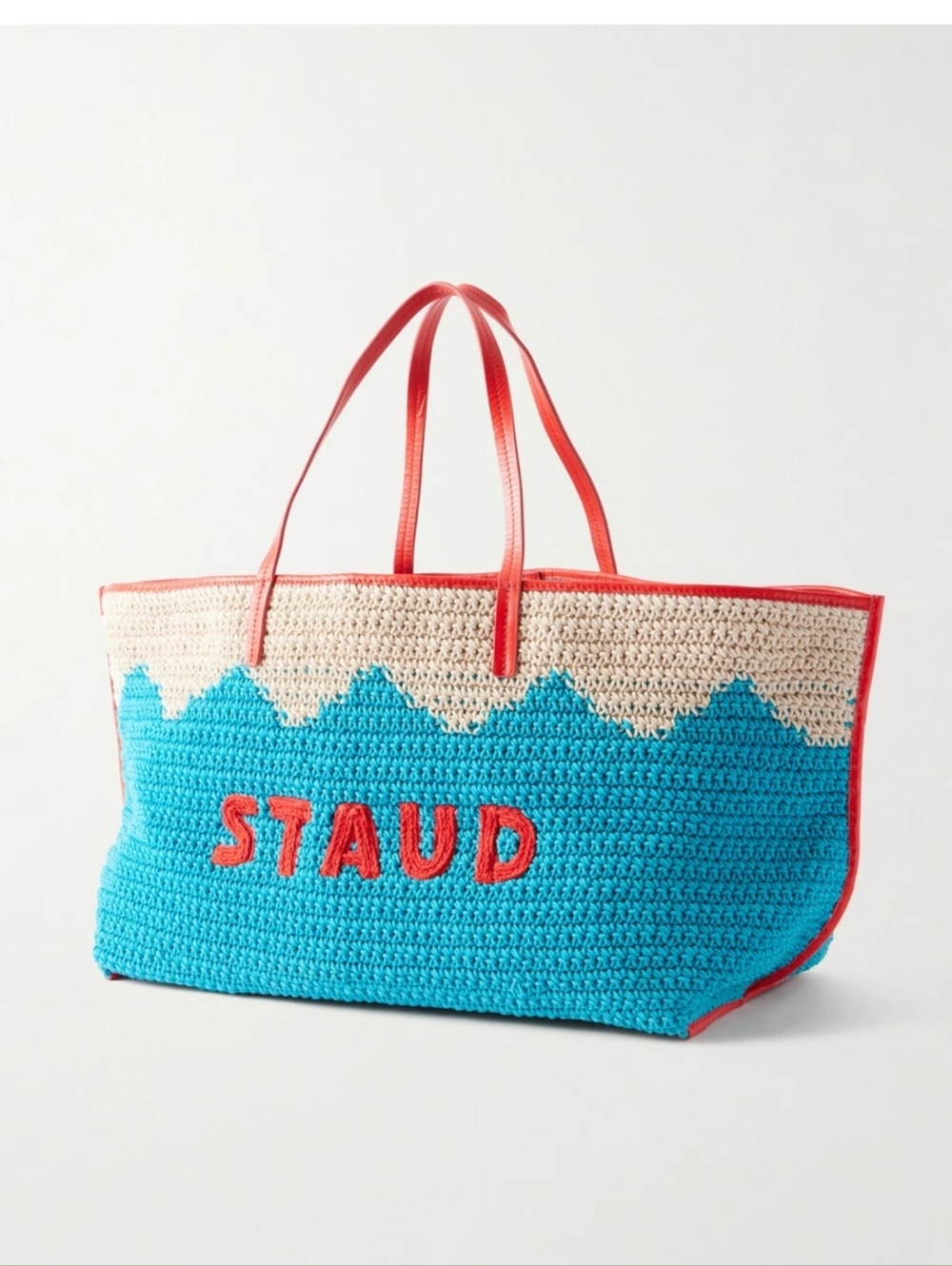 STAUD X large Bag Crochet Leather Shark Embroidered Tote Turquoise Cream Purse - Picture 4 of 12